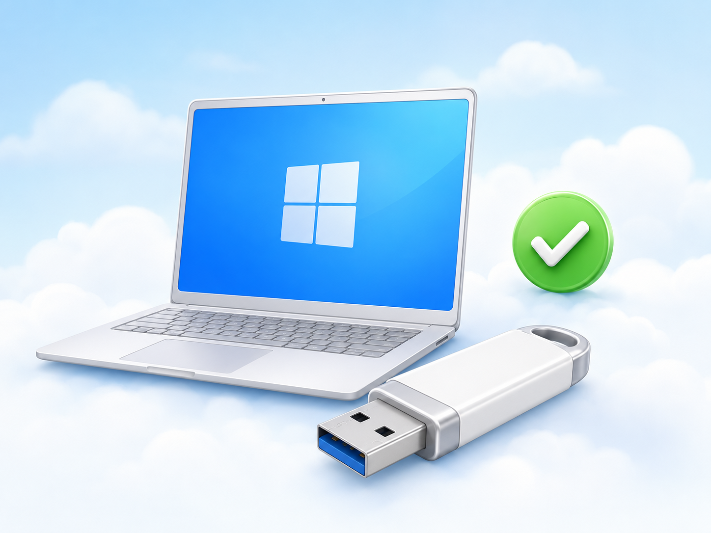 A Windows laptop, recovery USB drive, and green ready check